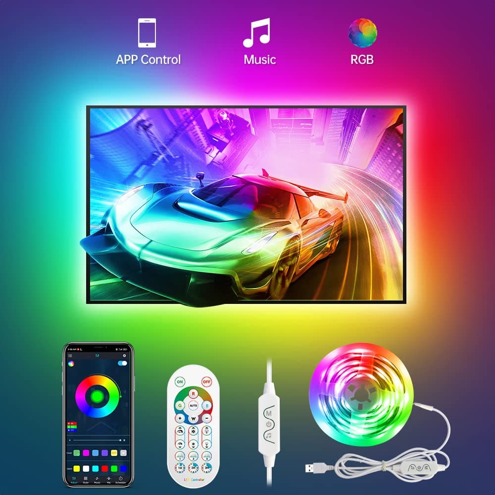 TV Led Backlight, 9.8 FT TV Led Light Strip for 32-60 inch TV RGBIC 5050 Rainbow Color Lights USB Powered Music Sync Bluetooth APP Control with Remote for Room Bedroom