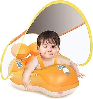 Upgraded No Flip Over Baby Pool Float, Baby Float with Canopy UPF50+, Inflatable with Double Air Chambers,Five Safety Protection Anti-flip Safe, Baby Swimming Float with 2 Tail for 6-36 Months