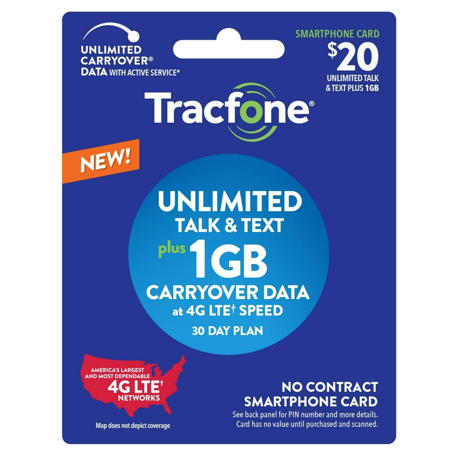 TracFone $20 Unlimited Talk, Text, 1GB Data 30–Day Plan