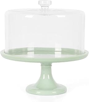 Martha Stewart Highbrook 10-Inch Jadeite Cake Stand with Glass Dome – Vintage-Style Pedestal Dessert Plate for Cakes and Pastries, Decorative Covered Serving Platter
