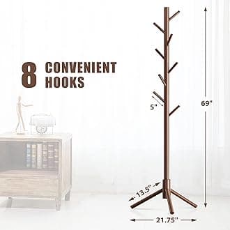 Haddockway Wooden Coat Rack Stand with 8 Hooks New Zealand Pine Adjustable Coat Standing Tree Easy Assembly for Coats, Hats, Scarves and Handbags for Entryway, Hallway, Bedroom, Office,2 PCS