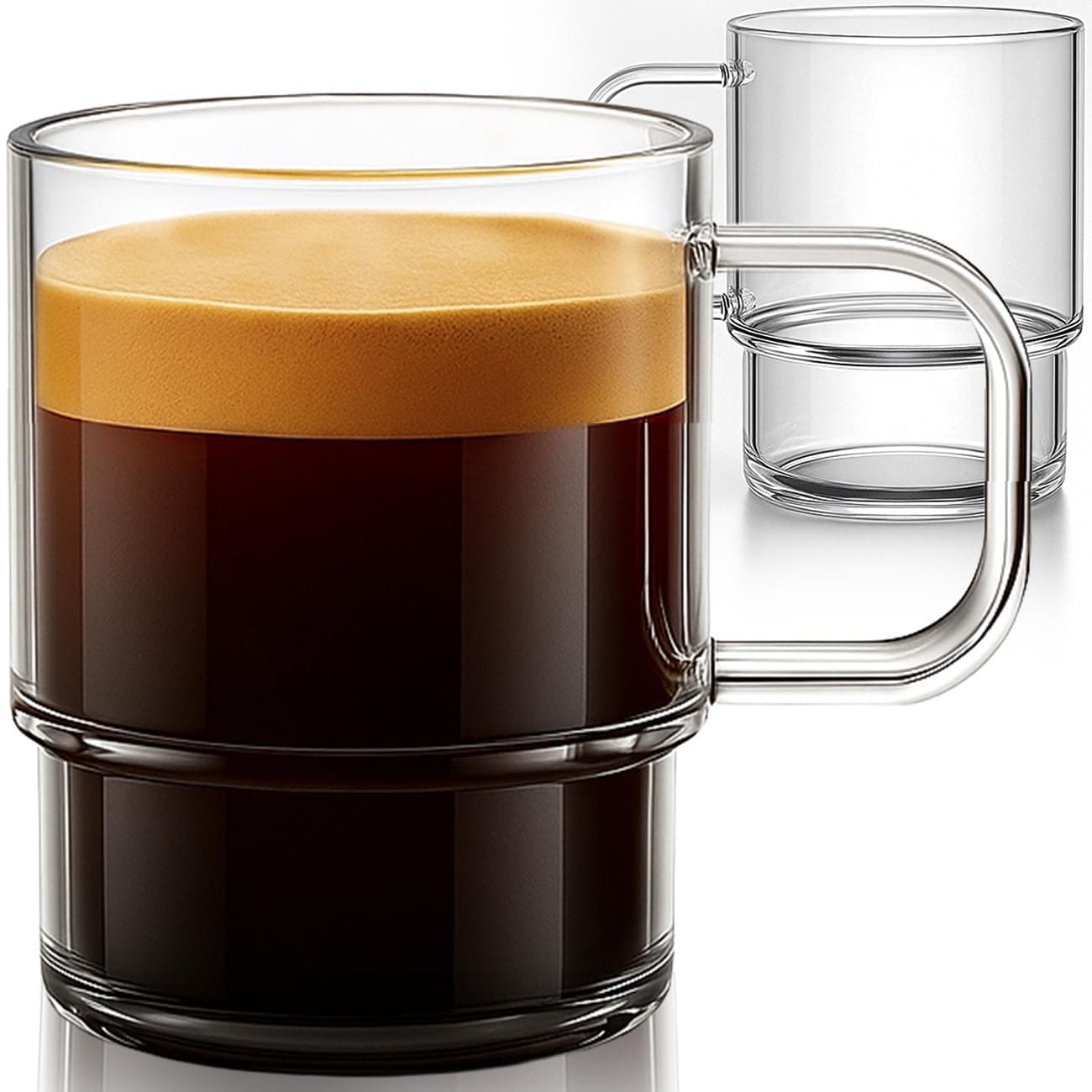 18oz Stackable Glass Mugs with Handle, Set of 2 - Large Clear Coffee Cups for Latte, Cappuccino, Mocha, Americano, and Tea