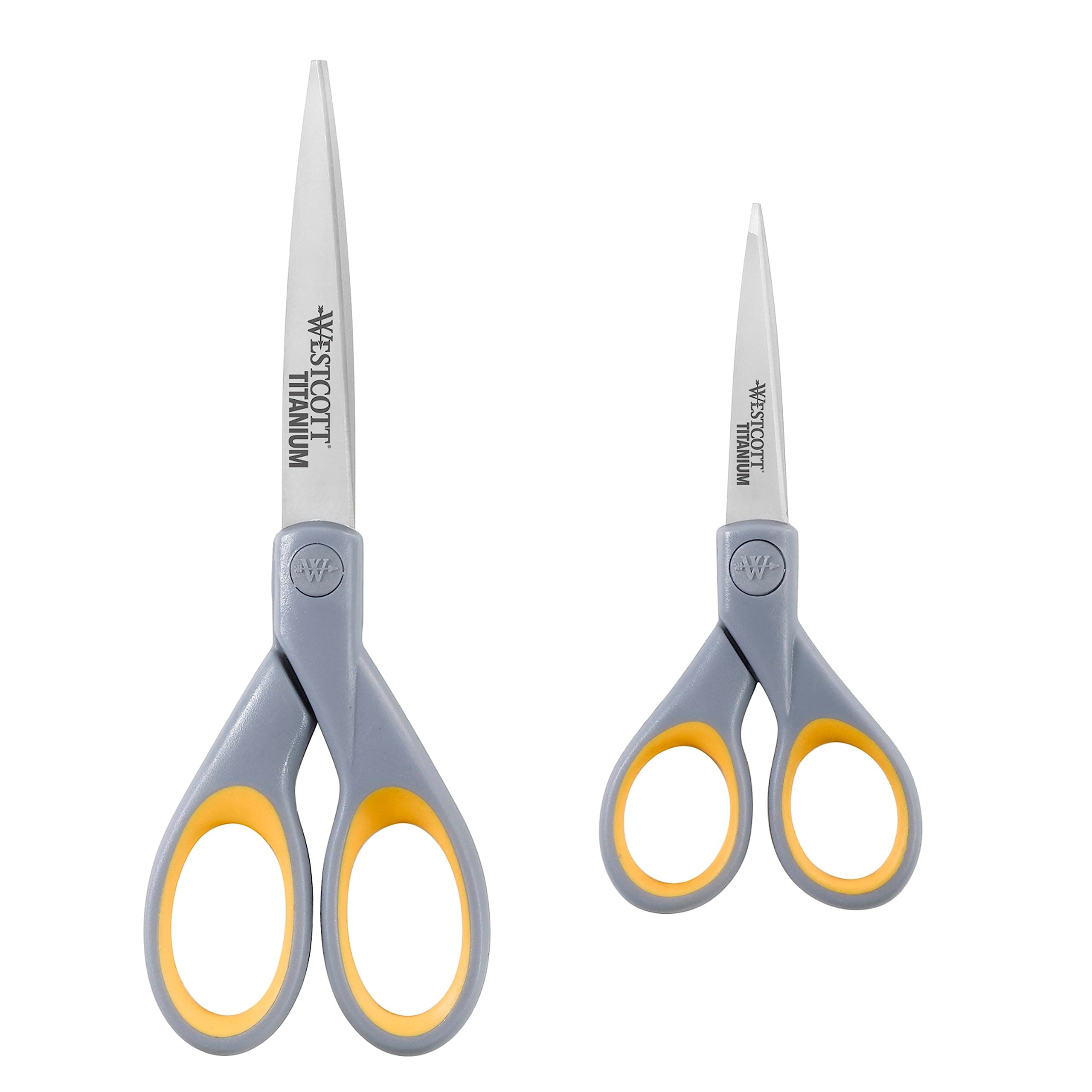 Westcott 13824 7” & 5” Pointed Titanium-Bonded Crafting Scissors with Soft Handles, Gray/Yellow (2 Pack)