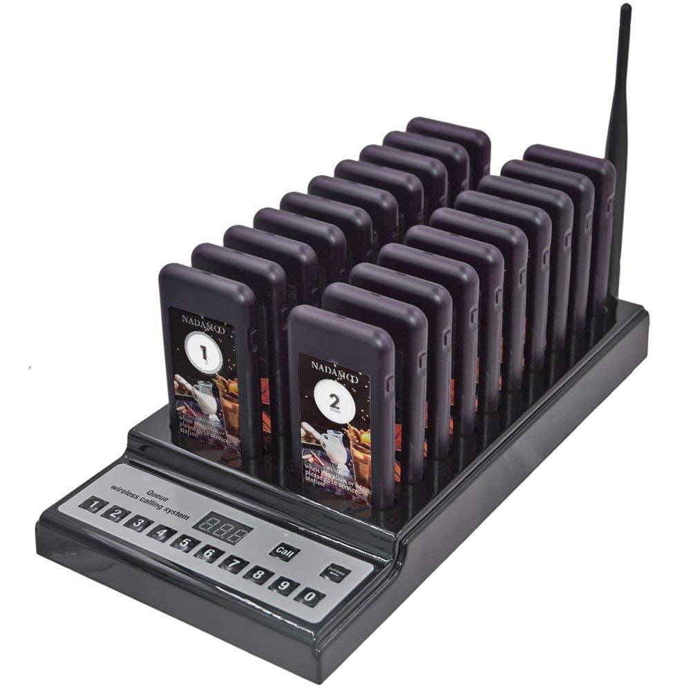 NADAMOO Restaurant Pager System with 20 pcs Coaster Pagers and 1 pc 999-Channel Keypad Call Button Extensible Wireless Calling System for Food Truck Clinic Church Cafe Shop