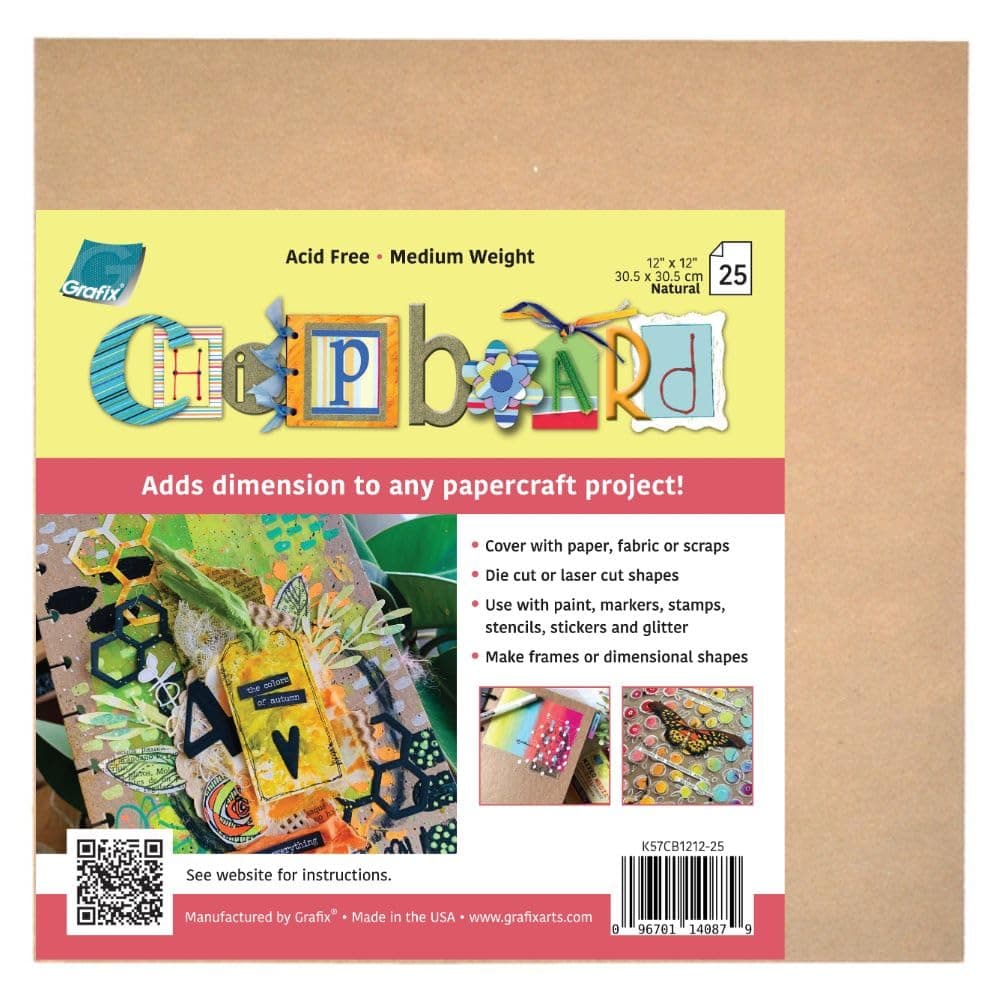 Grafix Medium Weight Acid-Free 0.057” Chipboard Sheets, Create Three-Dimensional Embellishments For Cards, Papercrafts, Mixed Media, Home Décor, And More, 12 X 12, Natural, 25 Count
