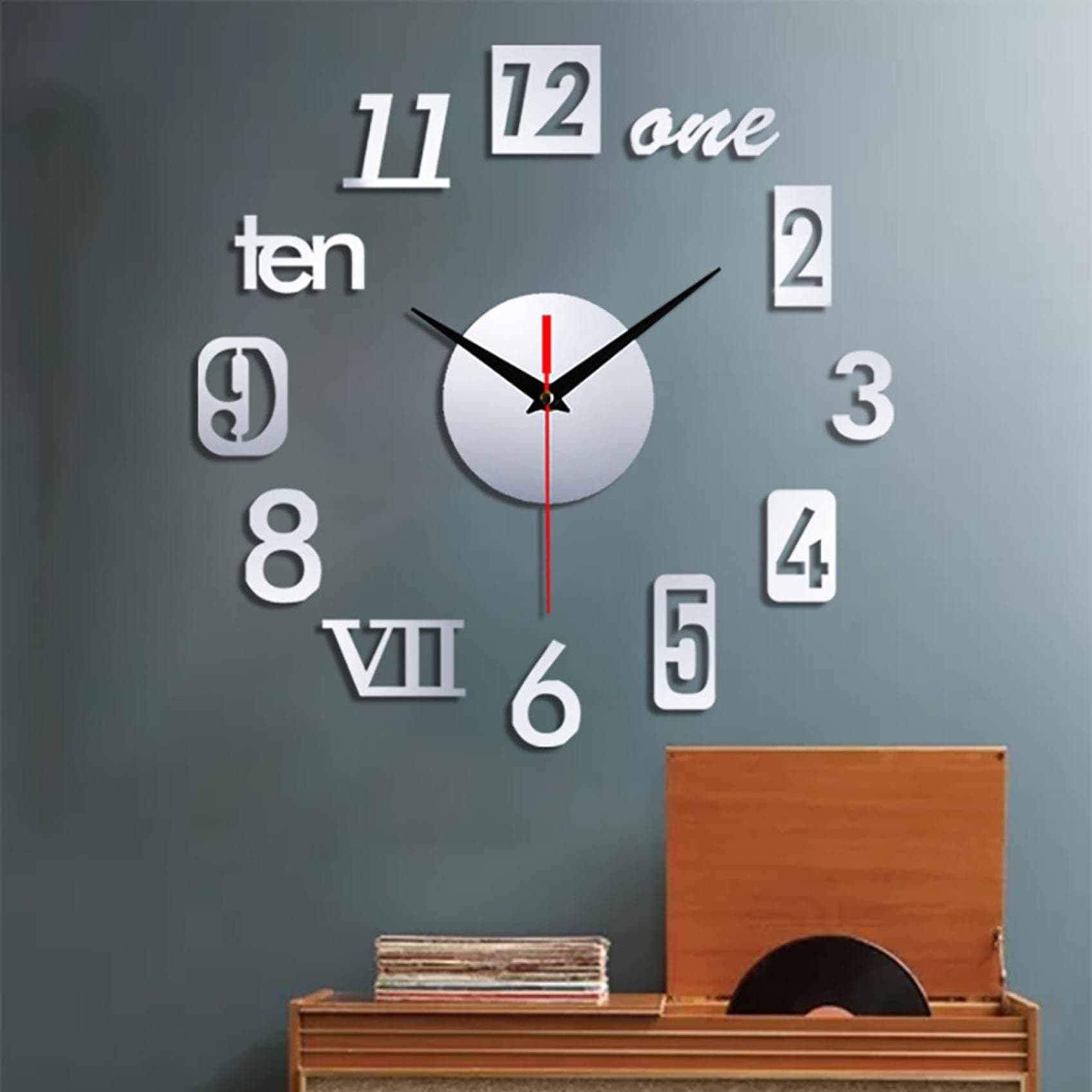 Frameless DIY 3D Wall Clock - Large for Living Room, Kitchen, Bedroom, Office - Acrylic Digital Modern Stick-On Clock Home Decor (YA-Silver)