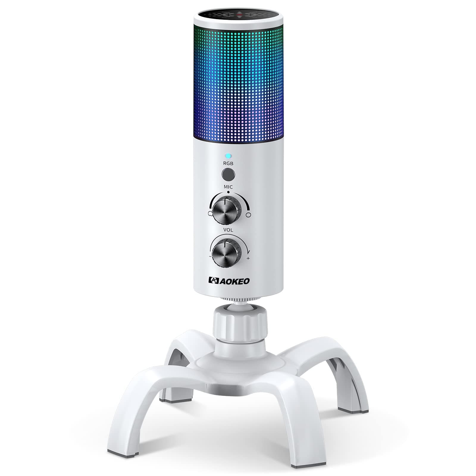 Aokeo USB Gaming Microphone, PC Computer Condenser Mic with Gain,RGB Light for Recording,Podcasting,Streaming,YouTube, Twitch,Skype,Compatible with PS5 PS4 Mac Laptop Desktop（White）