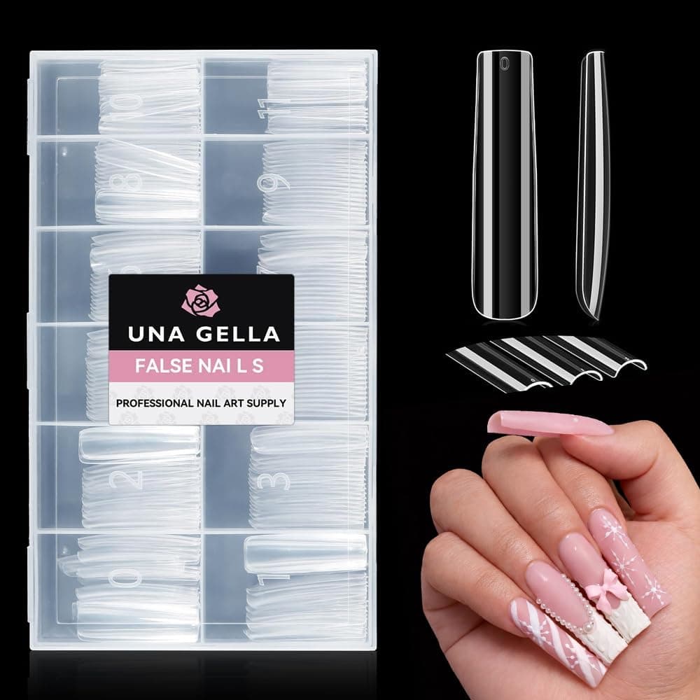UNA GELLA XXL Long Square Nails Tips 216 PCS No C Curve Straight Nail Tips Full Cover Square Gel Tips Extra Long Nail Tips Clear False Fake Nails Gel Nail Extension for Nail Salon Home DIY 12 Sizes
