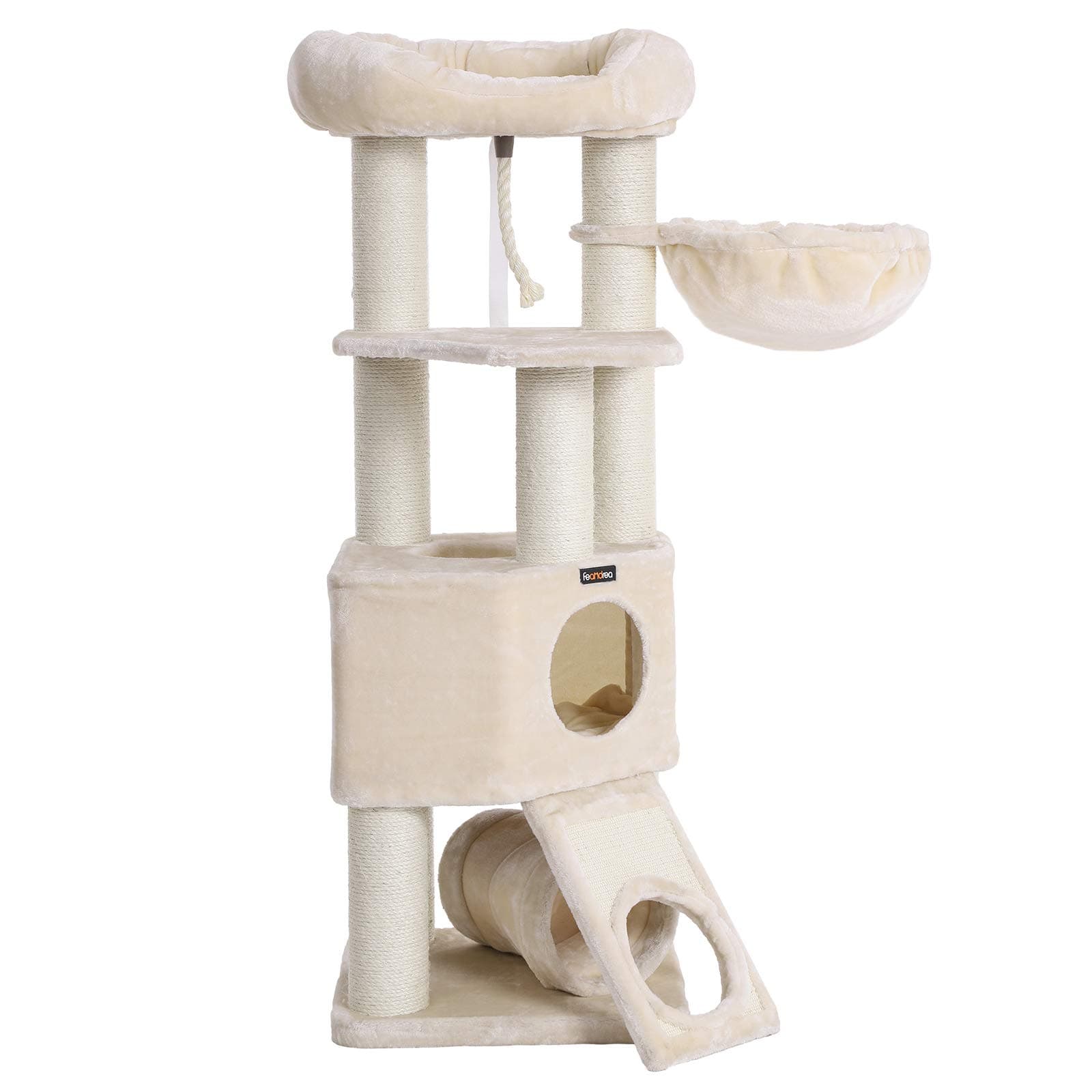 FEANDREA Cat Tree, Large Cat Tower with Fluffy Plush Perch, Cat Condo with Basket Lounger and Cuddle Cave, Extra Thick Posts Completely Wrapped in White Sisal, Beige UPCT02M