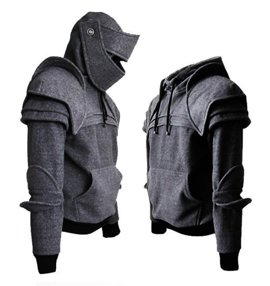 Men Arthur Medieval Knight Armor Hoodie Sweatshirt Pullover (L, Grey)