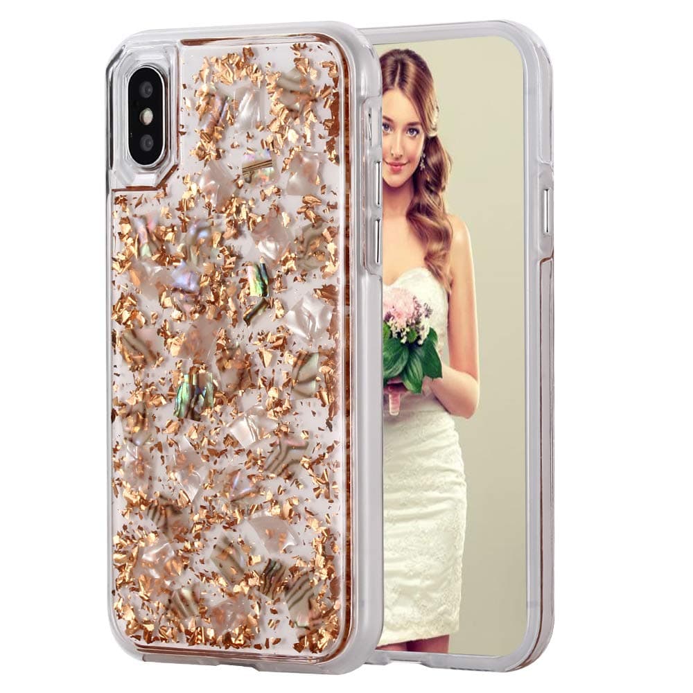 Compatible with iPhone 8 Plus Case, Women Glitter Shells Foil Sparkle Hard Back Cover with TPU Bumper Protective Phone Bling Case for iPhone 8 Plus / 7 Plus 5.5'' (Rose Gold)