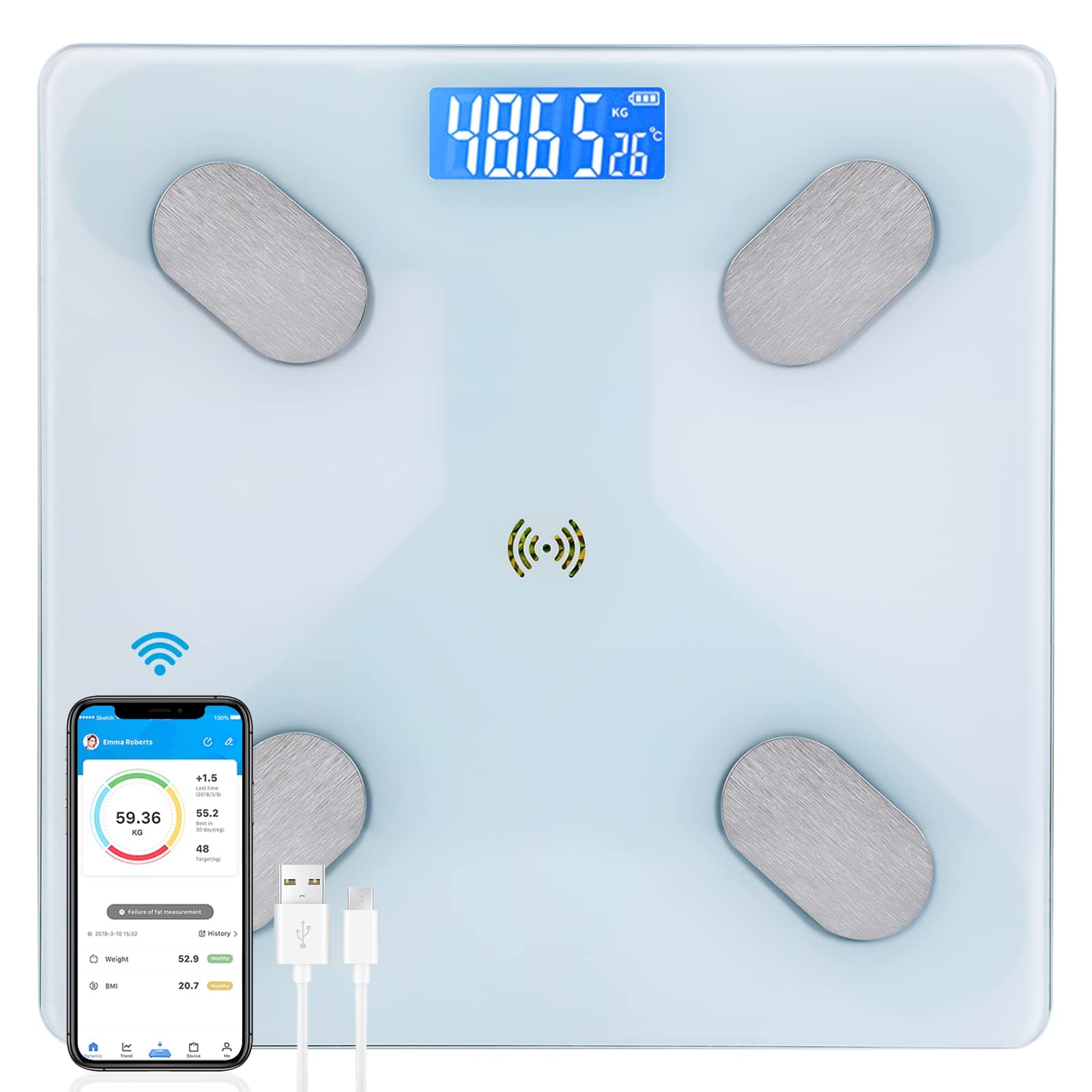 SKY-TOUCH Digital Weight Scale,Bluetooth Body Fat Scale,LED Display and Step-On,Body Composition Monitor Health Analyzer,with USB Charging,26x260x2cm,White