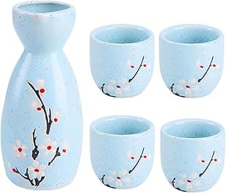 Japanese Ceramic Sake Serving Set | 1 Pot + 4 Cups| Pot(180 ml) & Cup(45 ml)| Tokkuri Carafe & Cups | Sake Glasses for Drinking | Gift Packing, Blue