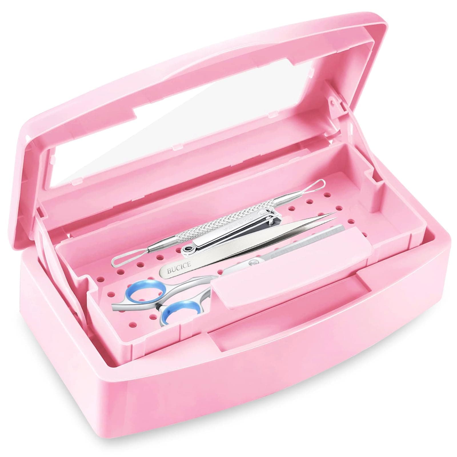 Nail Tool Sterilizer Box, ANGNAY Plastic Sterilization Tray for Nail Supplies, Hair Salon, Eyelash Extensions, Nail Tech Must Haves (Pink)