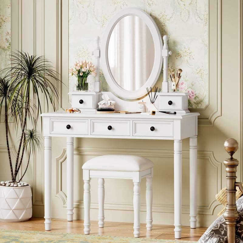 Merax 38" Vintage Vanity Set with Oval Mirror - Adjustable Makeup Desk with 5 Drawers & Matching Stool, 180° Tilt Mirror, Classic Carved Design for Bedroom/Dressing Room, White