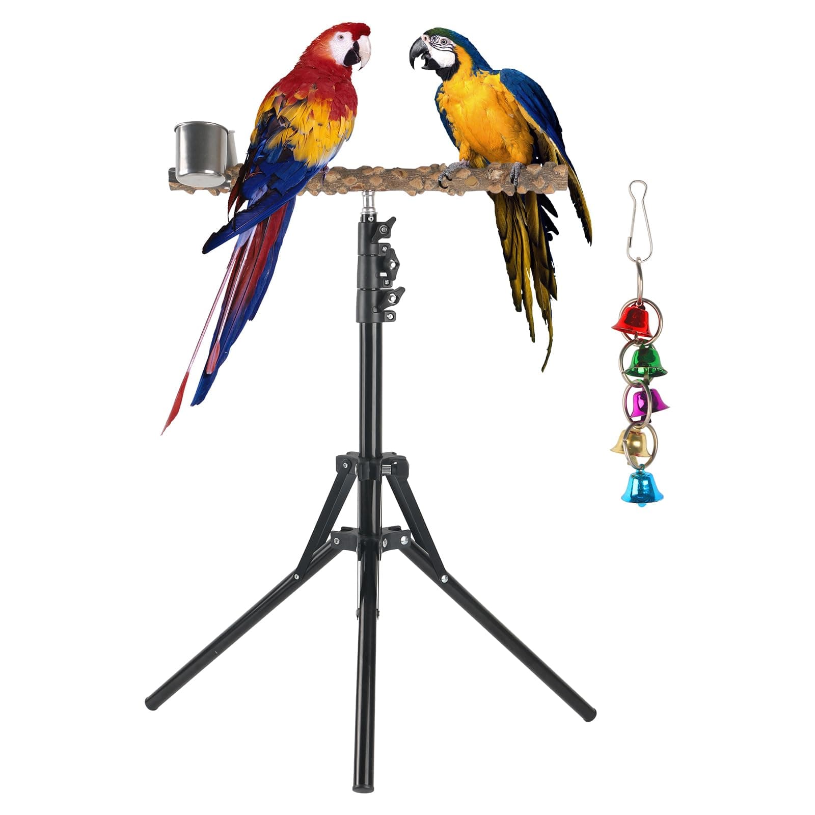 Adjustable Bird Perch Stand, 16-62 Inch Height Adjustable Bird Training Perch Stand with Feeding Cups and Swing Toy, Natural Pepper Wood Parrot Perch Toy for Small Medium Birds Indoor Outdoor Use