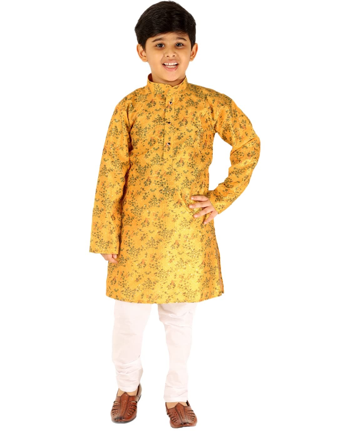 Pro-Ethic Style DeveloperPro Ethic Boy's Silk Kurta Pajama | Embellished Design | Kids Ethnic Wear (S-172), Yellow, 13 Years-14 Years