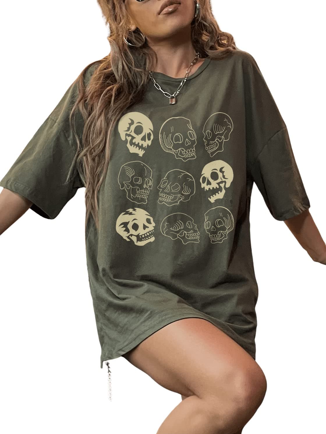 WDIRARA Women's Skull Print Half Sleeve Drop Shoulder Oversized Tee Casual T Shirts