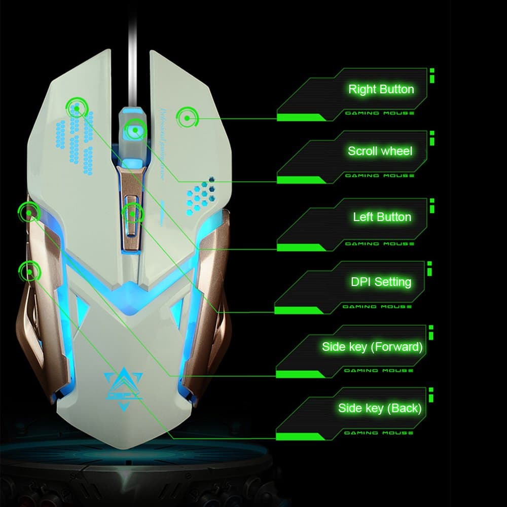 Classic Optical Gaming Mouse, FPS Gaming Mice 2400 DPI, 4 LED Colors - Gold