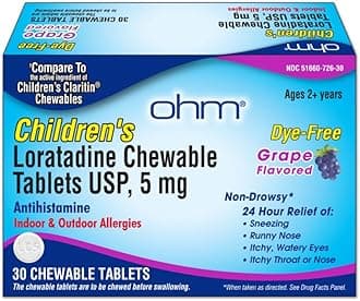 Children's Allergy Medicine, Loratadine 5mg, Chewable Tablets (30 Count) Grape Flavor, Non-Drowsy Antihistamine, 24-Hour Allergy Relief for Runny Nose, Watery Eyes, Itchy Throat & Nose