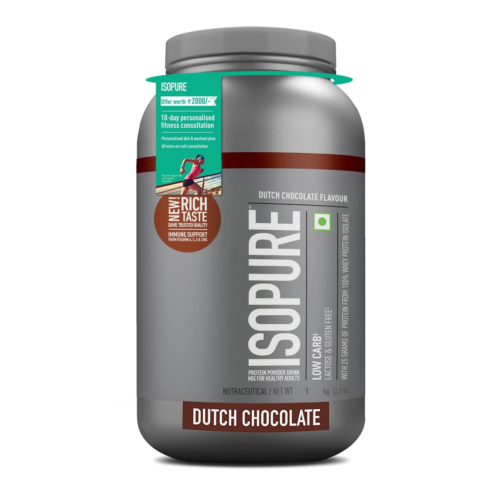 Whey Protein Isolate Powder with Vitamins for Immune Support & Biotine- 2.20 lbs, 1 kg (Dutch Choc), Lactose-Free, Gluten-Free, Veg protein for Men & Women. Offer Pack.