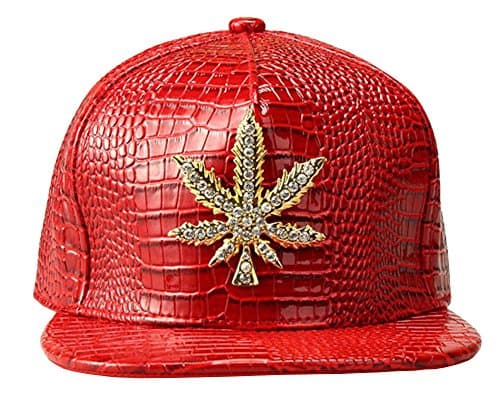 Men's Hip Hop Dance Bling Leaf Logo Flat Panel Snap Back Leather Hat Cap Red Apparel