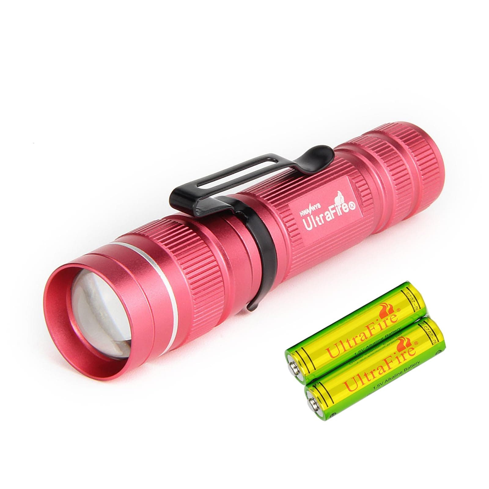 ULTRAFIRE Mini Pocket LED Flashlight with 1.5V AA Alkaline Battery, Zoomable 300 Lumen 3 Modes Bright Small EDC Flashlight Tactical Torch for Kids Children Outdoor Camping (Pink)