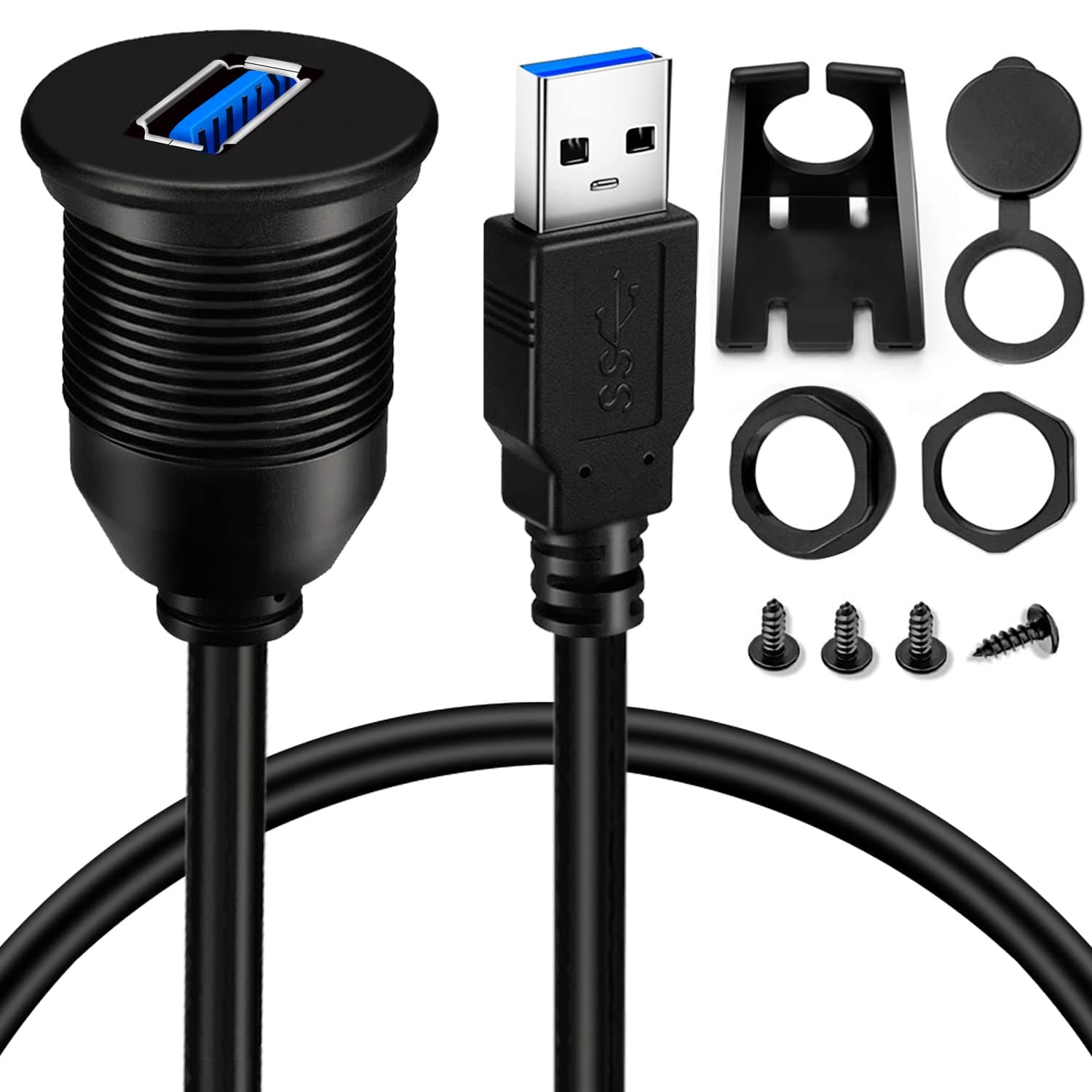 BATIGE Single Port USB 3.0 Male to Female AUX Car Mount Flush Cable Waterproof Extension for Car Truck Boat Motorcycle Dashboard Panel - 3ft, 5 Pack