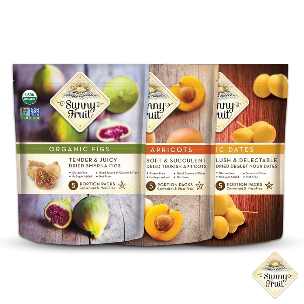 Sunny Fruit Organic Dried Fruit Assorted Pack Dried Figs, Dried Dates & Dried Apricots 50g Pack of 5 of Each - Healthy Snacks Dried Fruit
