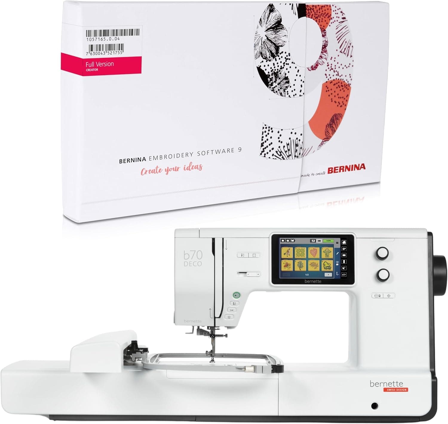 Bernette B70 Deco Embroidery Machine with Bernina Embroidery Software 9 Creator Full Version, 5" Touch Screen, 260x160mm Area, 208 Motifs, Multi-Function Knobs, Thread Sensors