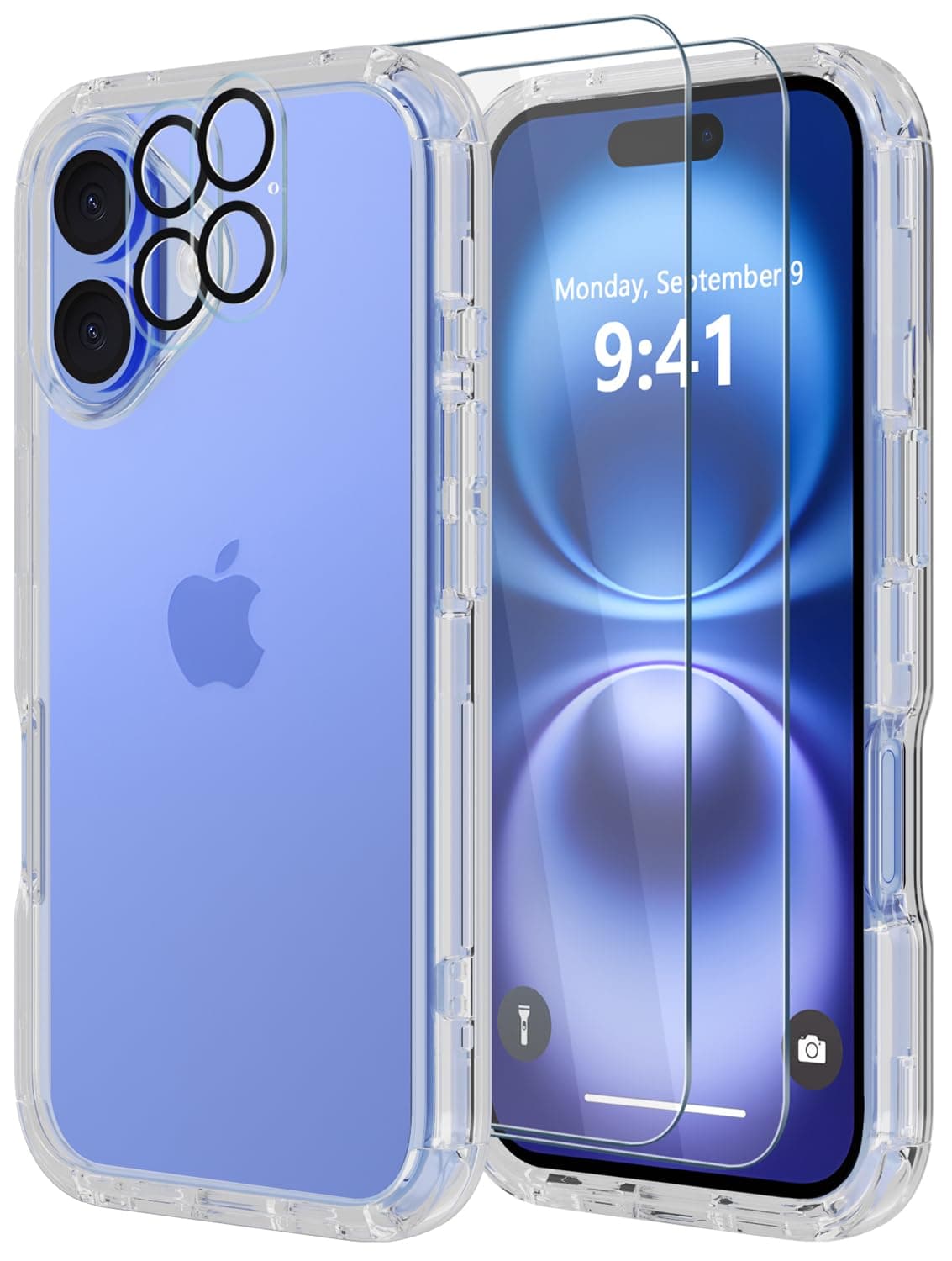 Diverbox for iPhone 16 Case [Shockproof] [Dropproof] [Tempered Glass Screen Protector + Camera Protectors] Heavy Duty Protection Phone Case Cover for Apple iPhone 16 (Clear)