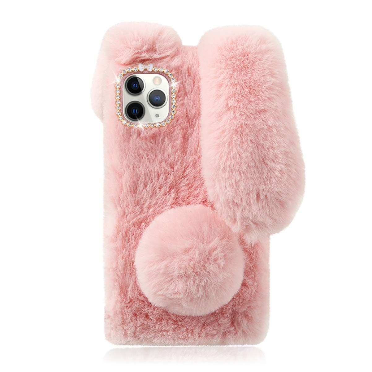 Mikikit Fluffy Case Compatible with iPhone 12/12 Pro, Cute Bunny Ear Case Warm Smooth Rabbit Fur Cover with Sparkly Diamond TPU Soft Phone Shell Kawaii Plush Phone Case, Pink