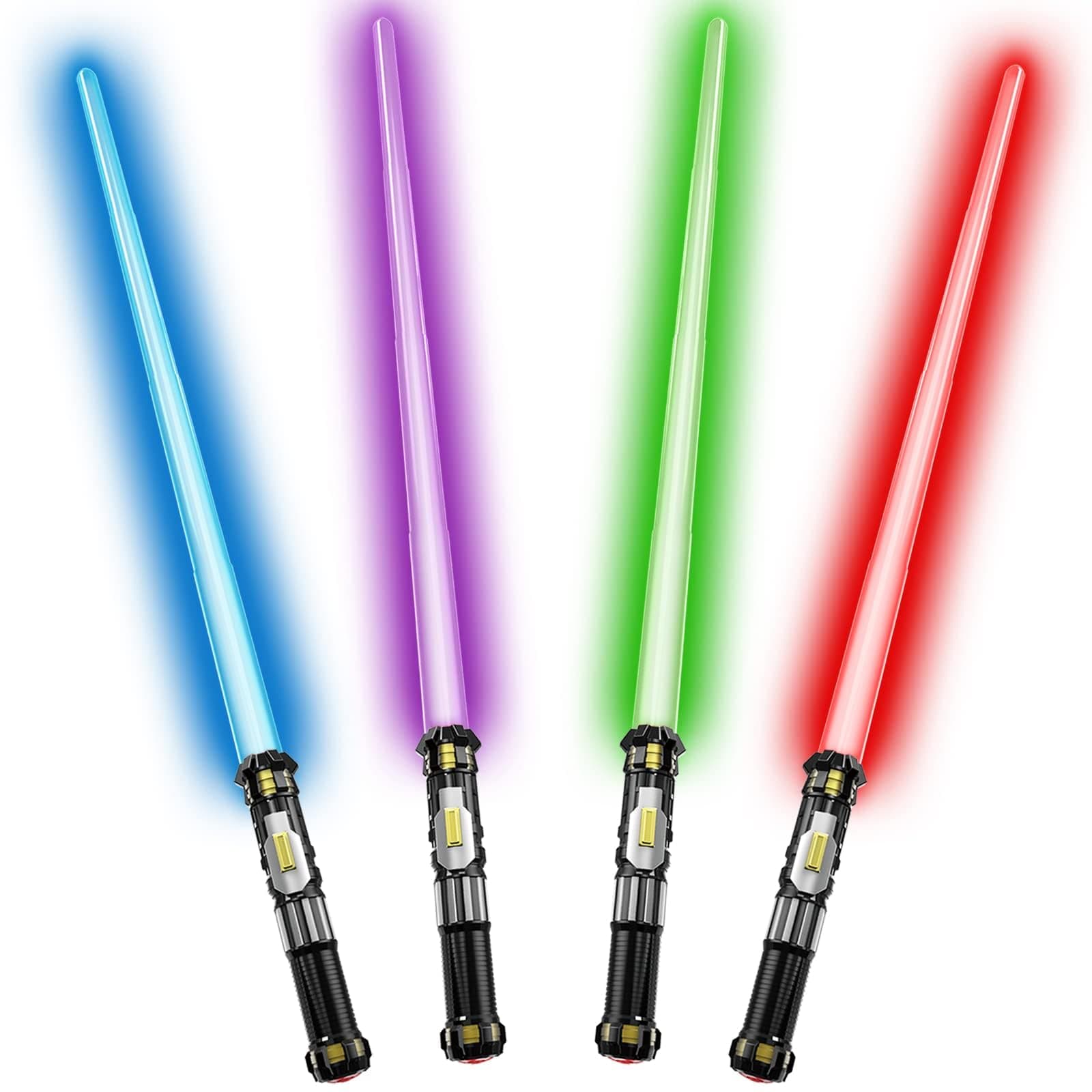 4 Pack Light up Saber with FX Sound (on-Off Control) and Full Retractable Handle, 4 Colors LED Glow in The Dark Sword Toy for Kids Adult