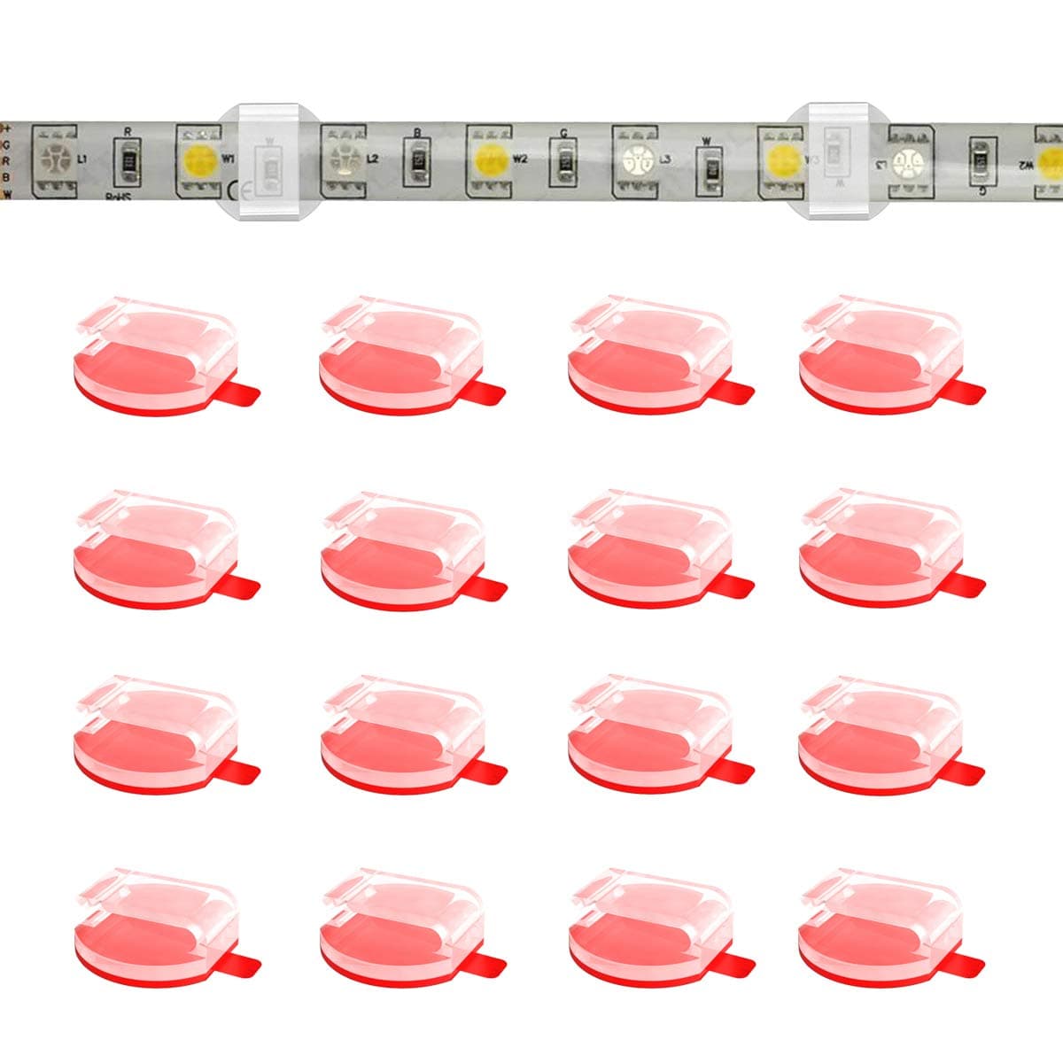 ATB- Clear LED Strip Light Mounting Clips,100 Pack Self-Adhesive Brackets Holders for10mm 12mm Waterproof LED Strips, USB Cable Management Clips for Wires Under 0.12 Inch Diameter, Strong V-HB Tape