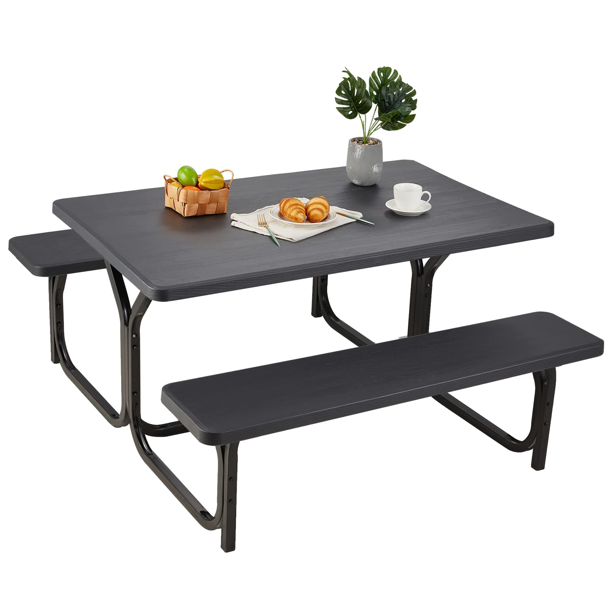 Haddockway Picnic Table Bench Set Patio Camping Table with All Weather Metal Base and Plastic Table Top Outdoor Dining Garden Deck Furniture for Adult Black