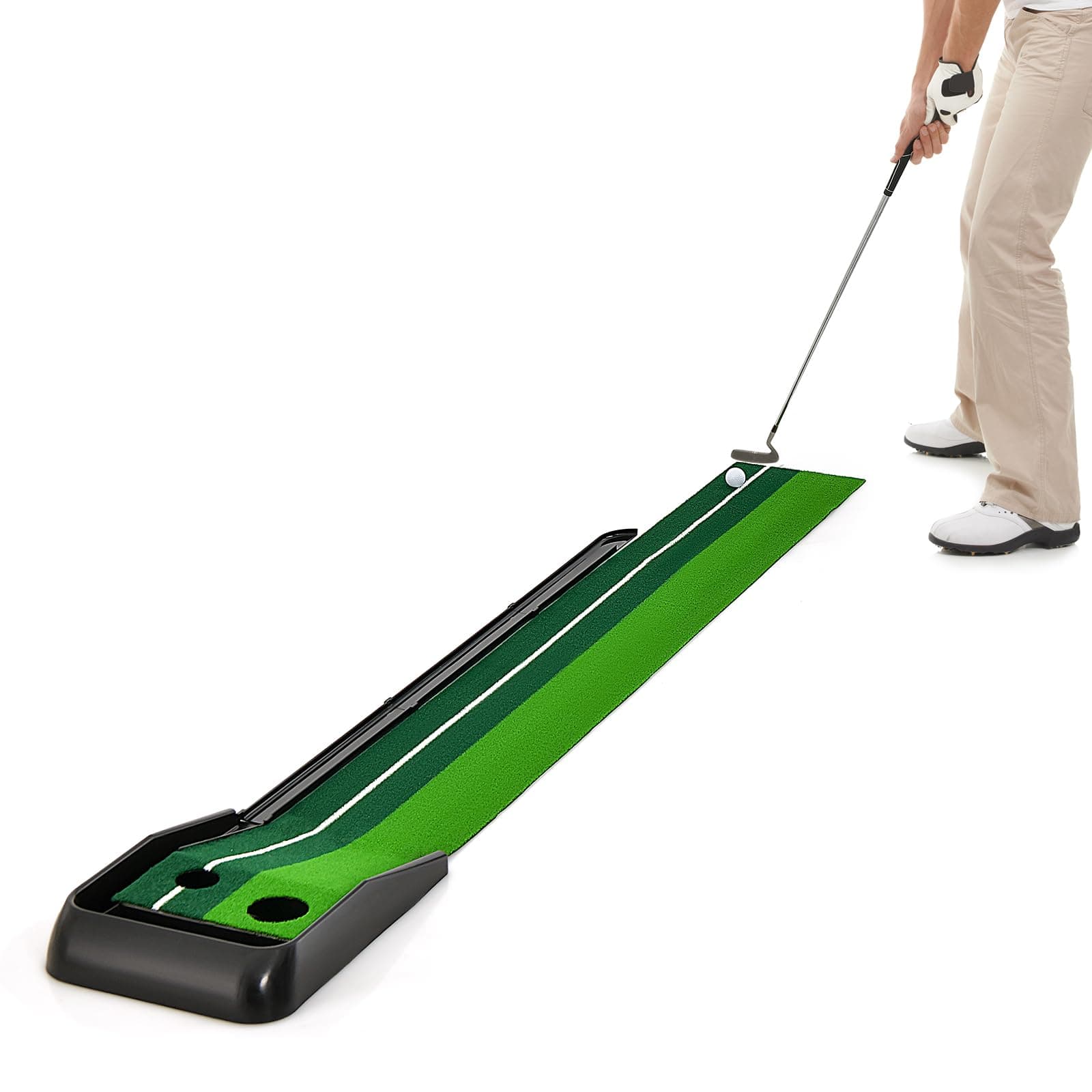250CM Premium Putting Green, Professional Golf Practice Turf with Simulate Grass Turf, 2 Hole, Auto Ball Return Track, Guideline and Gift Box, Portable Golf Accessories Putting Mat