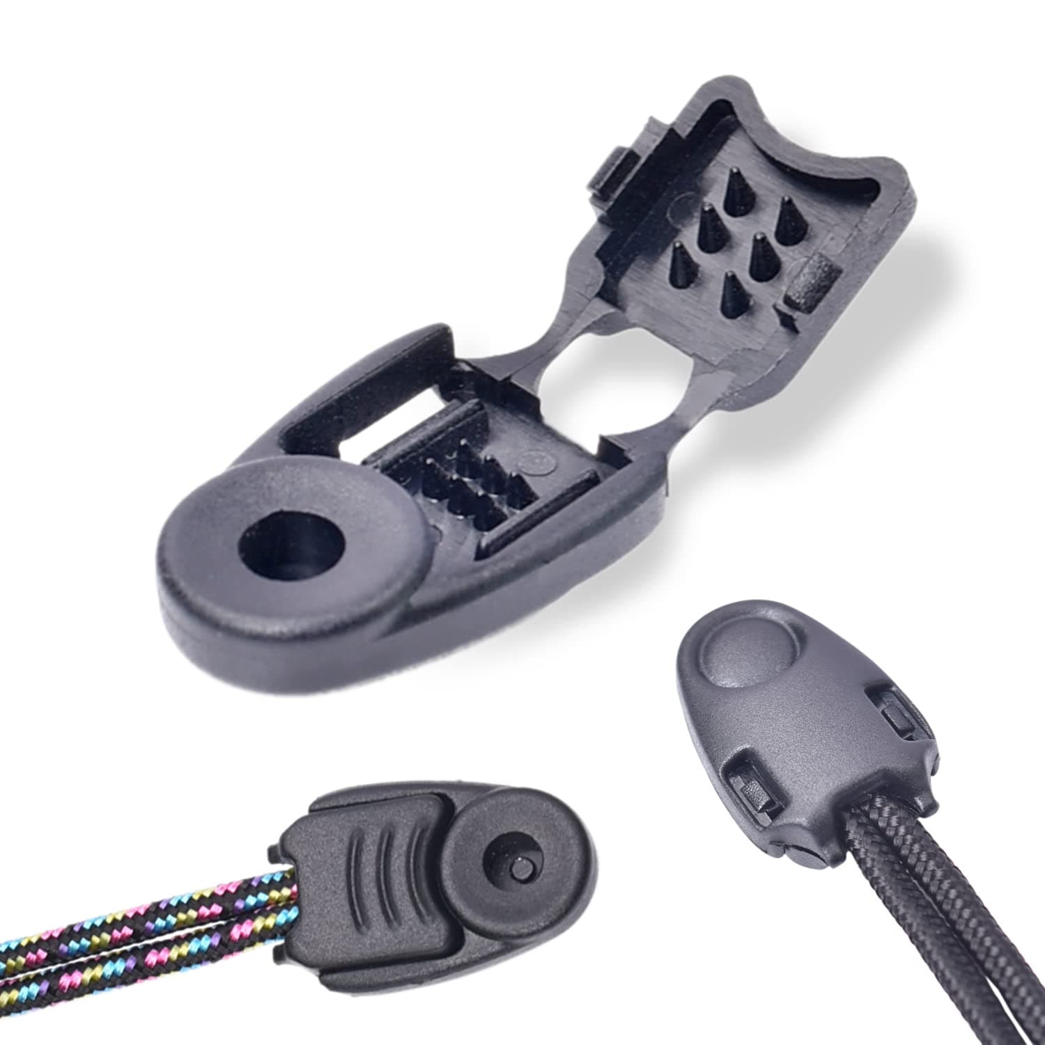 CooBigo 20 Pack Zipper Pull Cord Ends Zipcords Stopper Paracord Parachute Clips Running Shoe lace Elastic Shock Bungee Rope Drawstrings Ends Lock DIY Replacement Plastic Black