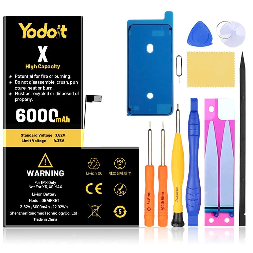 Yodoit for iPhone X Battery Replacement 6000mAh Battery High Capacity 0 Cycle Replacement for Model A1865, A1901, A1902 with Repair Tool Kit & Adhesive