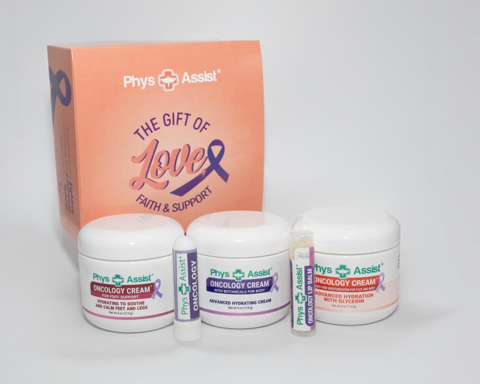 PhysAssist Bundle Oncology Kit - Comfort Kit For Chemo Patients. Essentials for Face, Body & Feet. Includes Oncology Botanicals, Recovery and Foot Support. (3-4 oz), lip balm and nausea inhaler