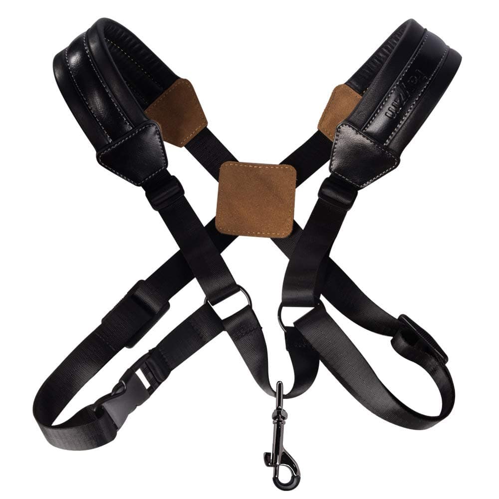rayzm Saxophone Strap, Universal Double Shoulder Leather Strap for Sax, Adjustable Padded Harness Strap for Alto Tenor Baritone Saxophones (S)