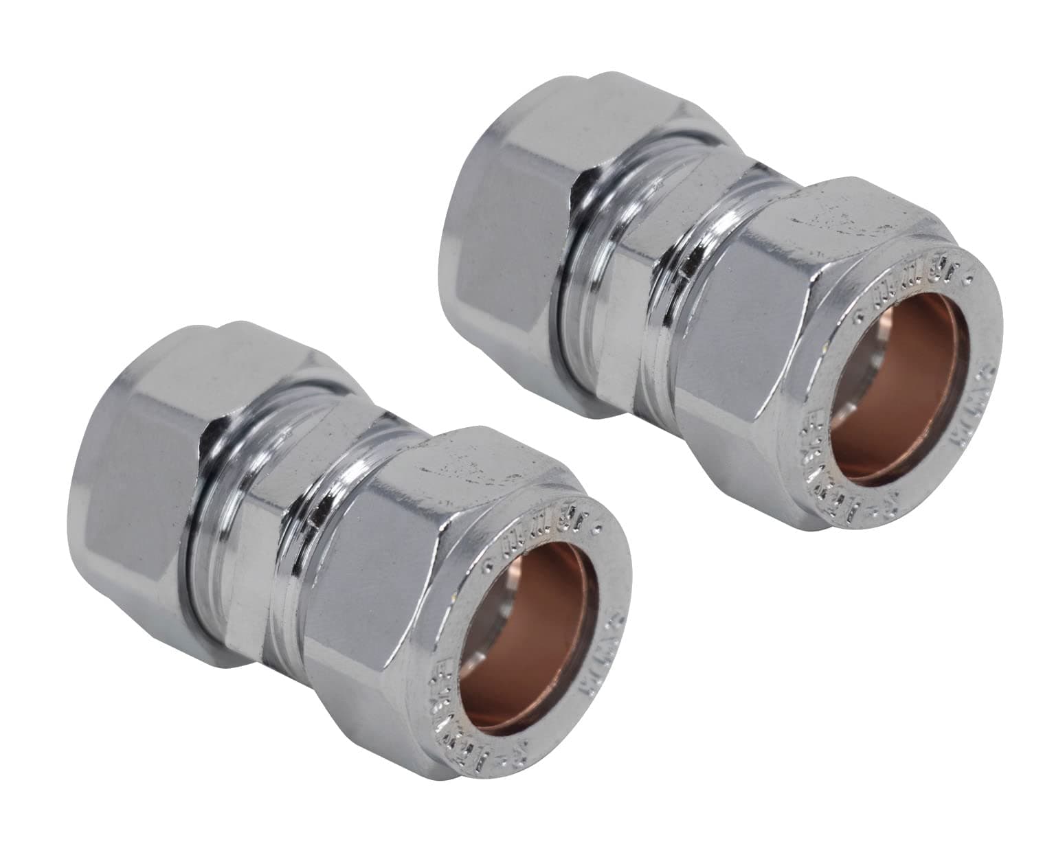 Pipestation 15mm Compression Straight Connectors 2 Pack - Chrome Plated Compression Joint Plumbing Fittings for Copper Pipe Plumbing Pipe Connectors - Compress Plumbers Pipe Fitting - Easy Install