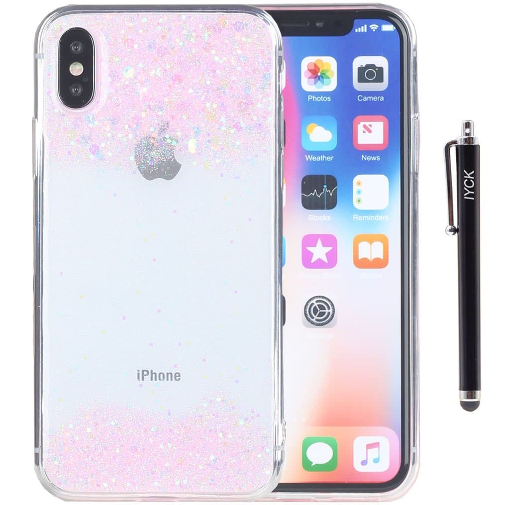 iPhone X Case, iPhone Xs Case, iYCK Luxury Bling Glitter Sparkle [Gradient Color] Transparent Flexible Soft Rubber Gel TPU Protective Shell Bumper Case Cover for iPhone X/Xs 5.8inch - Pink