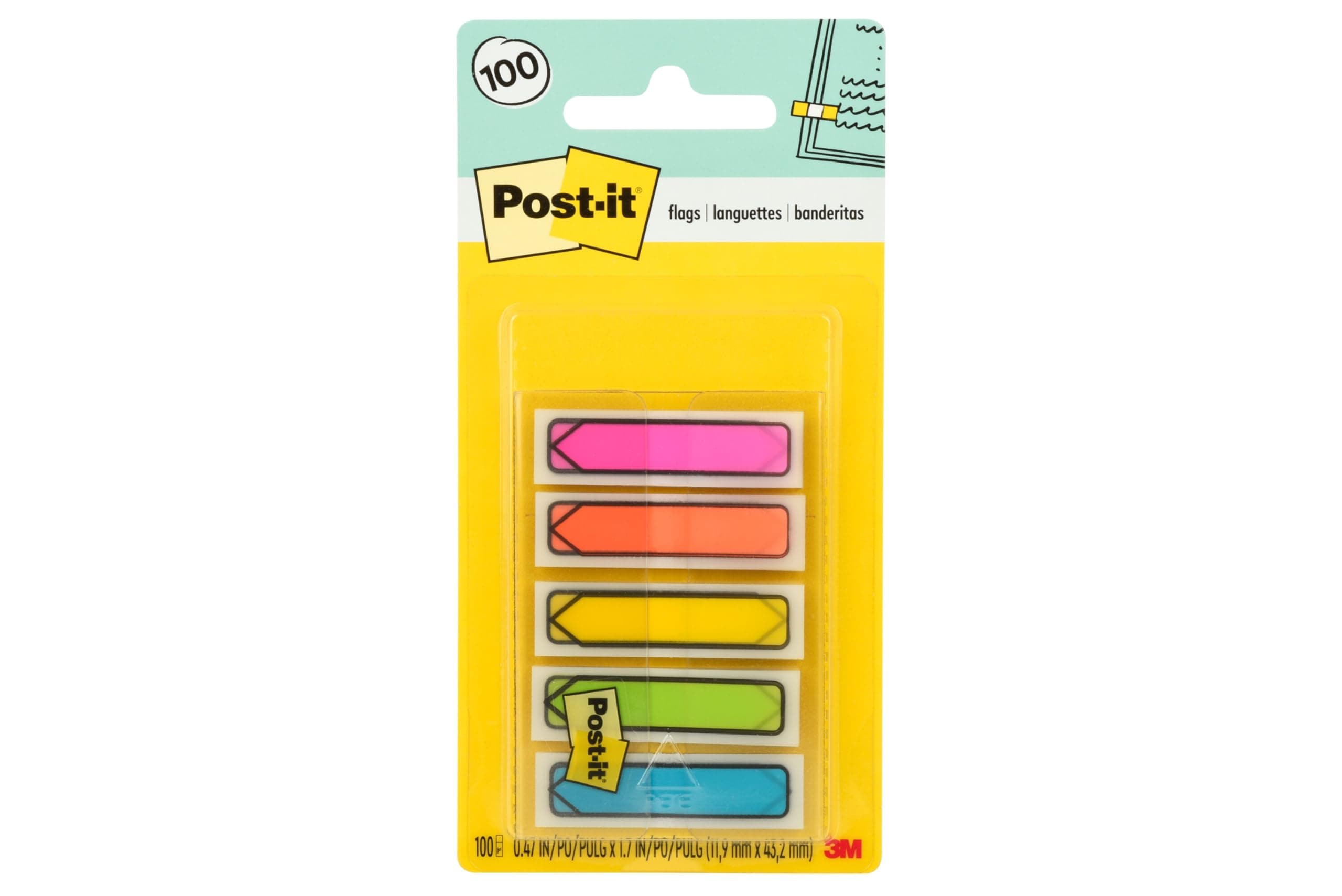 Post-it Arrow Flags, 0.47 in. x 1.7 in., One Dispenser with 100 -Count Assorted Bright Colors Sticky Tabs Per Dispenser, Removable Page Markers for Planners, Journals, and Calendars (100 Flags Total)