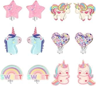 PinkSheep Unicorn Clip On Earrings for Little Girls, Bling Earrings Rainbow Earrings for Kids, 6 Pairs, Best Gift