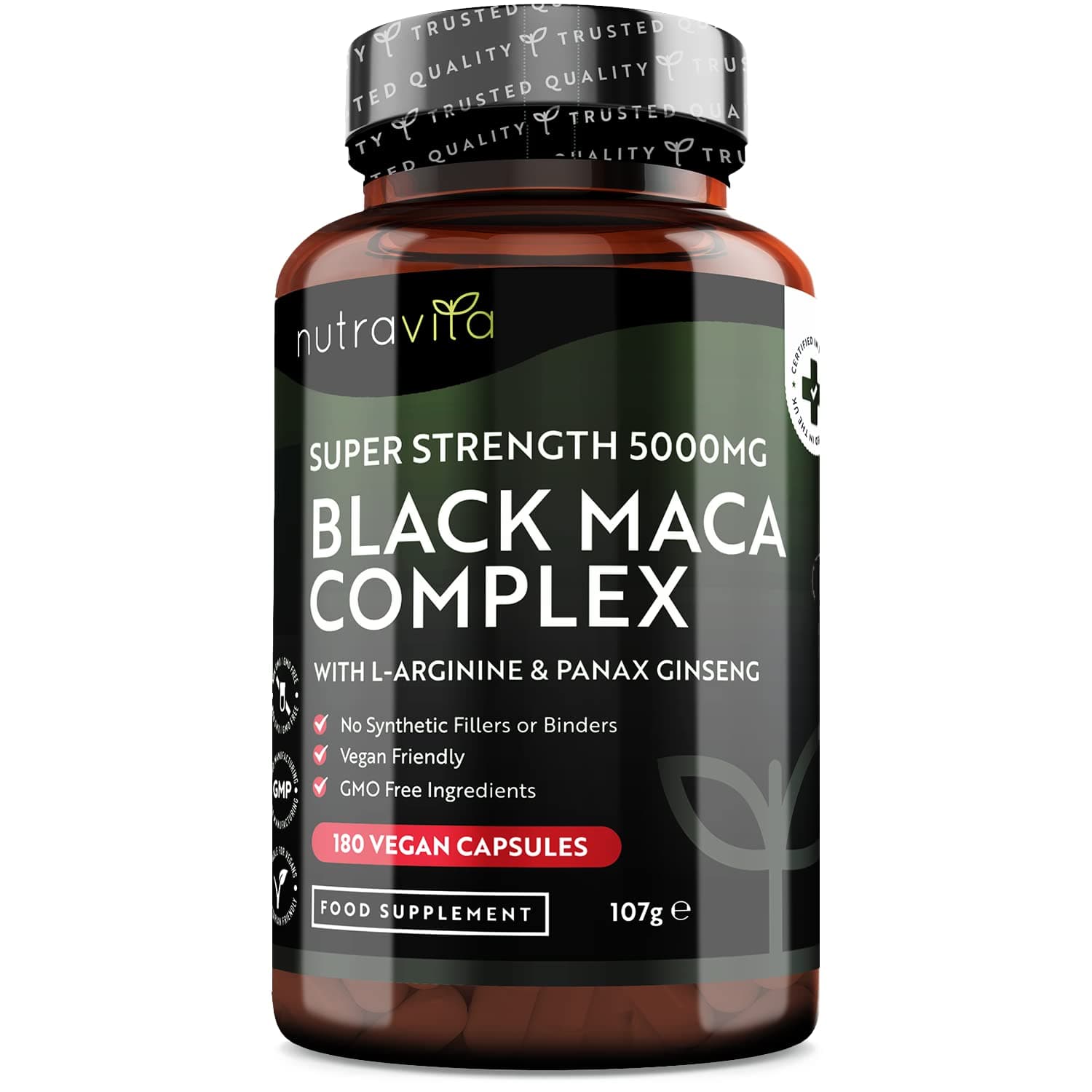 Nutravita Maca Root Capsules 5000mg (High Strength) – 180 Vegan Black Maca Capsules (6 Month Supply) – Not Tablets – 100% Peruvian Maca – with L-Arginine, Panax Ginseng & Black Pepper – Made in UK