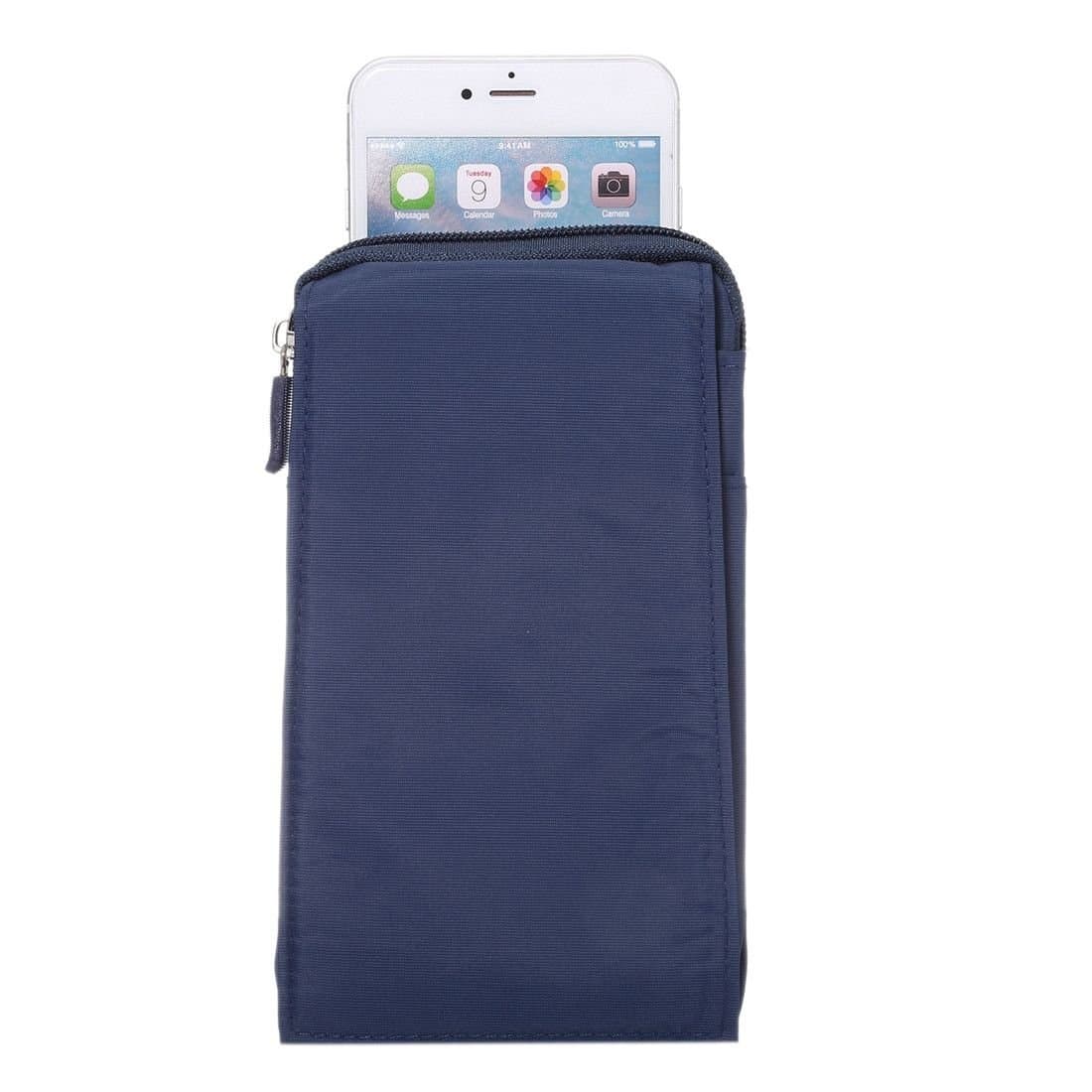 DFV mobile - Multi-functional Belt Wallet Stripes Pouch Bag Case Zipper Closing Carabiner for Gionee F9 Plus (2019) - Blue XXM (18 x 10 cm)