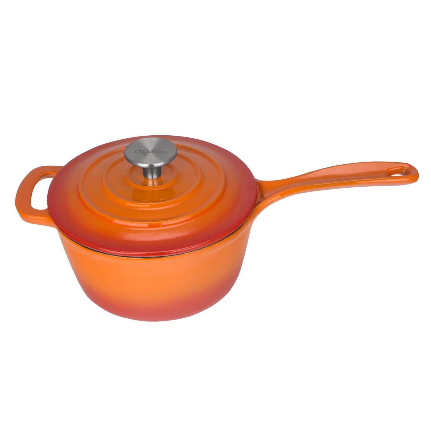 Zelancio 2.5 Quart Cast Iron Enamel Sauce Pan Pot Covered Sauce Pot (Tangerine Orange)