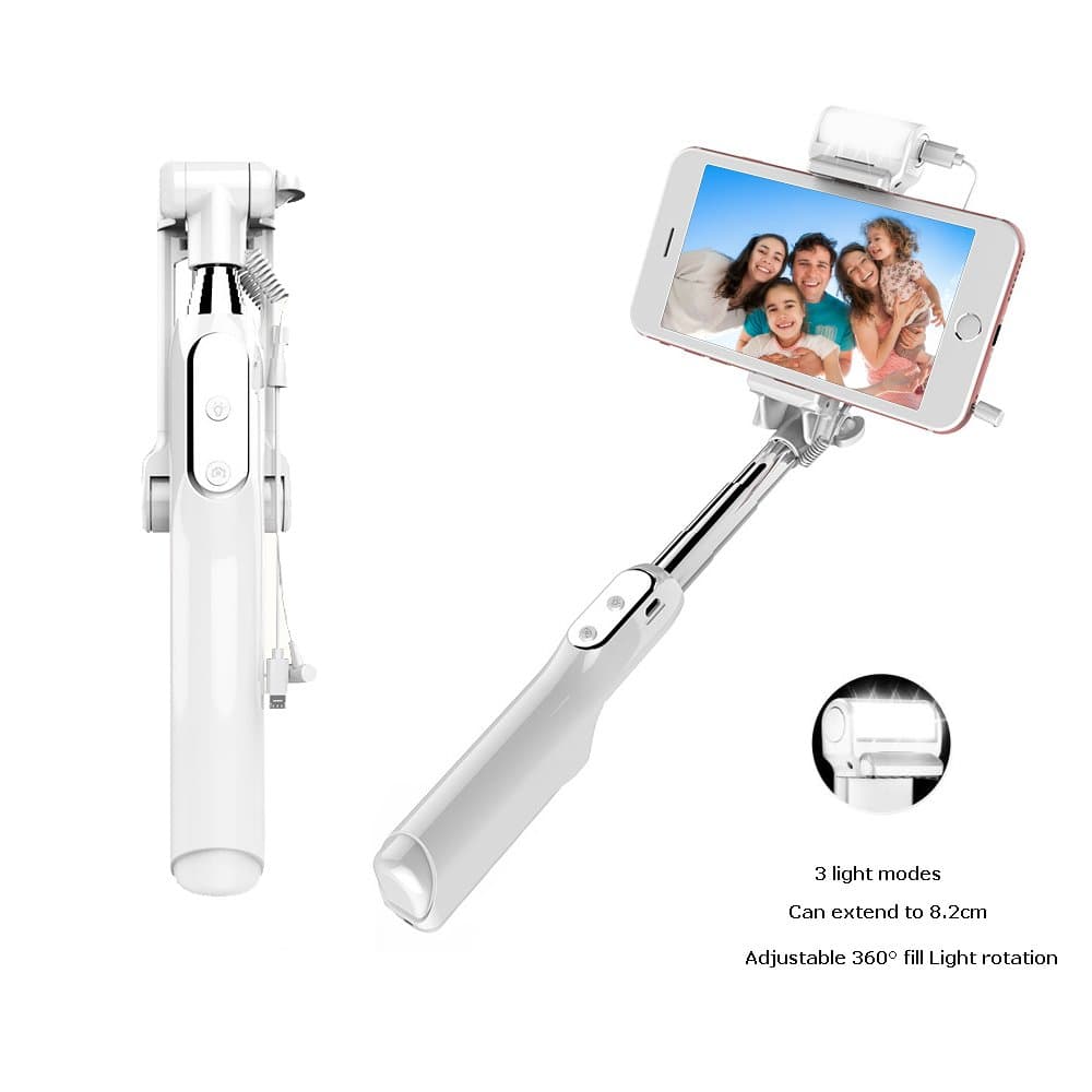 Selfie Stick，Bbtops Selfie Stick Extendable Cable Control with Led Fill Light and Reflective Mirror，270 Degrees Adjustable Ideal for Iphone 7/6S/6/6 plus,Samsung S7/S6/S5,HTC,G5,and Most Mobile Phone (white)