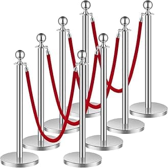 VEVOR Stanchions and Velvet Ropes 8Pcs, Hollow Base with Stainless Steel Post, 4 Red Velvet Ropes and Posts, Crowd Control Barriers Silver Stanchions, Red Carpet Runner Poles for Party Supplies