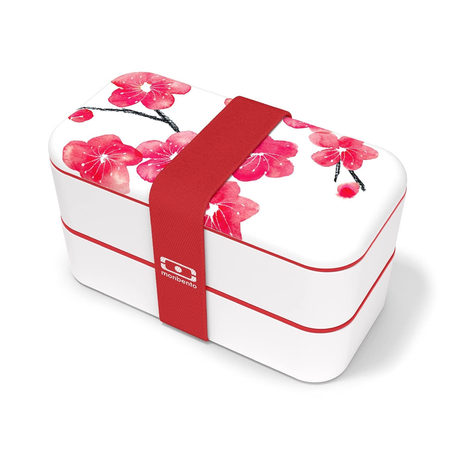 monbento - MB Original Blossom Bento Box with Compartment - 2-Tier Leak Proof Lunch Box for Work and Meal Prep - BPA Free - Food Grade - Japanese Flowers - Red & White